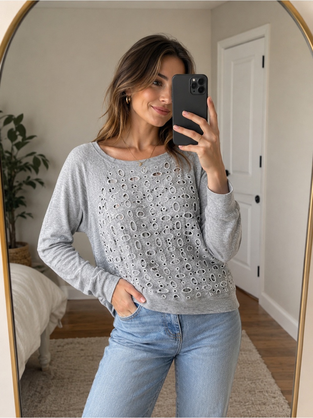 J. Crew Large Cotton Silk Eyelet Cozy Sweater Preppy Casual Neutral Vintage